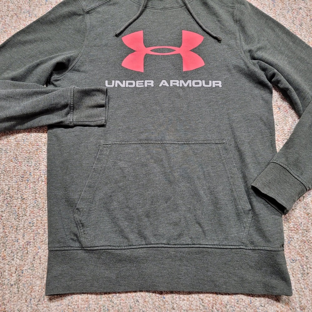 Under Armour Hoodie Mens Small Grey Green Big Logo Pullover Sweatshirt Outdoors - Picture 3 of 11